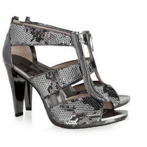 MICHAEL MICHAEL KORS GUNMETAL SILVER SEQUIN BERKLEY STRAPPY HEELS